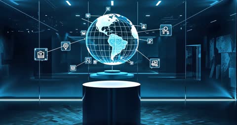 Rotating Holographic Globe Display with Icons in Futuristic Chamber
