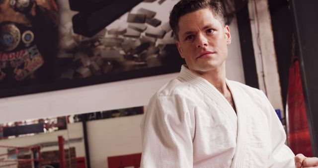 Adult male in martial arts gi standing confidently at a dojo. Ideal for promoting martial arts schools, self-discipline training, or inspirational fitness content. Useful for websites, flyers, and promotional materials focused on athletic facilities and self-defense courses.