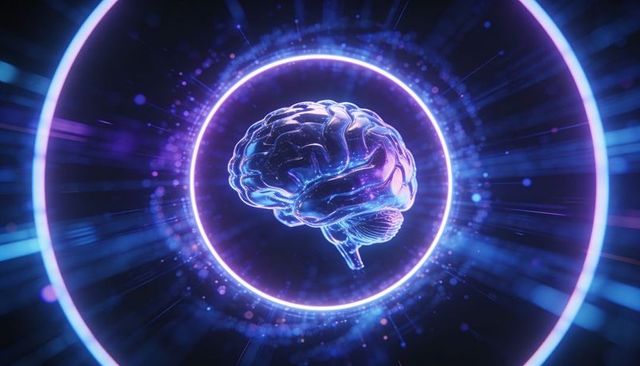 Pulsing neon holographic brain floating inside futuristic cyber neural network halo