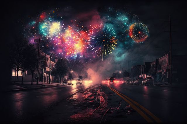 Fireworks exploding above a city street during the night, with colorful lights illuminating the night sky and reflecting on the wet pavement. Cars are seen on the street, with streetlights and buildings visible in the background. This image is perfect for promoting celebrations like New Year's Eve, festivals, or any other festive occasion. Also suitable for background themes emphasizing urban nightlife, festivities, or holiday events.