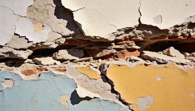 Peeling Plaster Revealing Red Brick Layers with Pale Blue and Mustard Paint Textures