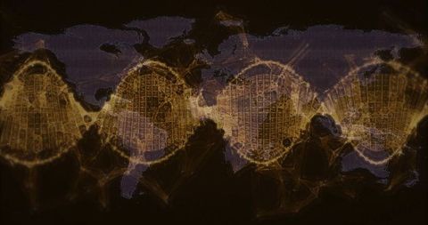 Glowing amber nodes on digital world map illustrating global network