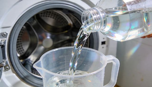 Pouring liquid detergent into measuring jug for front-load washing machine closeup