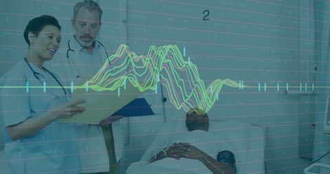 Nurse and doctor reviewing chart with ecg analytics overlay in hospital