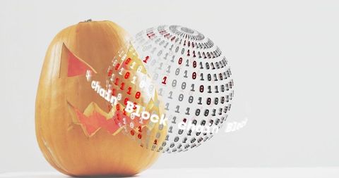 Carved Jack-o-Lantern Facing Floating Binary Data Sphere with Glowing Blockchain Ribbon