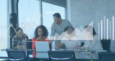 Diverse Team Discussing Digital Data Analytics in Modern Office