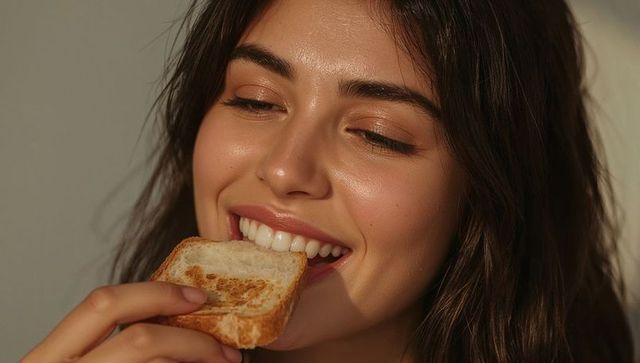 Young woman smiling while biting toasted bread slice, glowing bronze makeup closeup