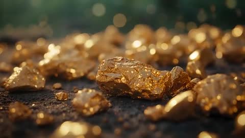 Golden Nuggets Shining on Dark Textured Surface