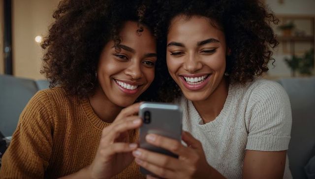 Two friends smiling while sharing smartphone on cozy couch at home, warm lifestyle moment