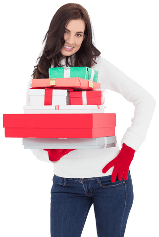 Transparent Smiling Woman Holding Colorful Gift Boxes