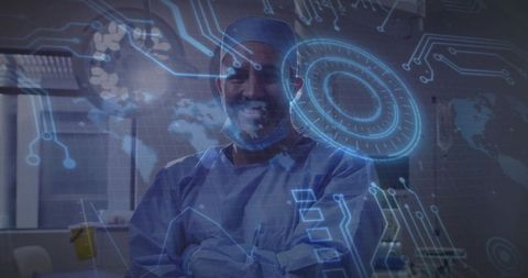 Medical professional with futuristic digital interface in procedure room