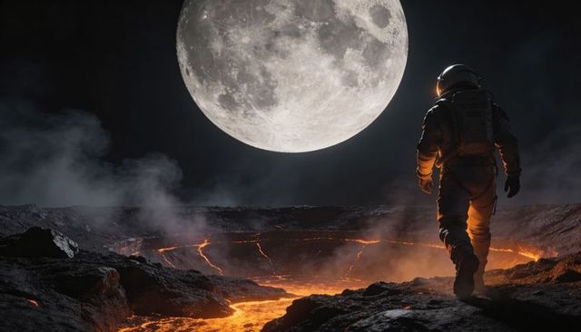 Astronaut walking crater rim over molten lava with giant moon reflection