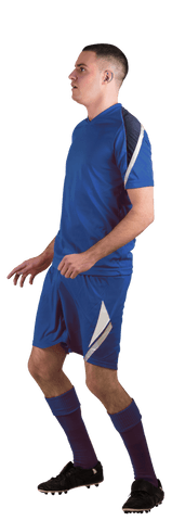 Dynamic Caucasian Male Soccer Player in Transparent Setting