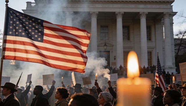 Waving american flag during candlelit protest on neoclassical courthouse steps at dusk