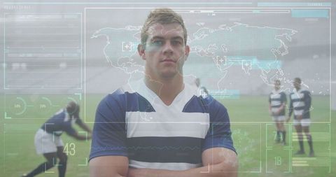 Confident Rugby Player with Digital Globalization Technology Overlay