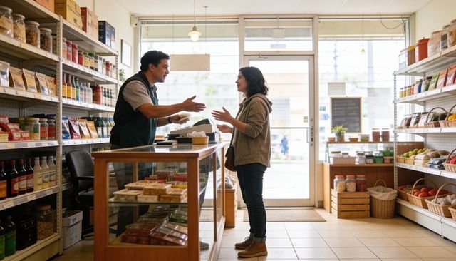 Aproned grocer greeting customer at counter with glass case in bright neighborhood market