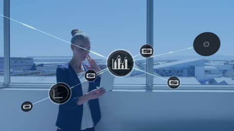 Businesswoman Using Smartphone with Digital Networking Icons