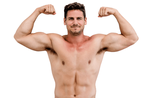 This clear-cut image illustrates a muscular Caucasian man demonstrating his biceps, ideal for fitness, gym promotions, or healthy lifestyle designs. Useful in advertising fitness programs, bodybuilding competitions, or highlighting physical strength themes.