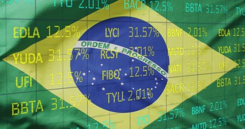Brazilian Flag Superimposed with Stock Market Curves Reflecting Economic Progress