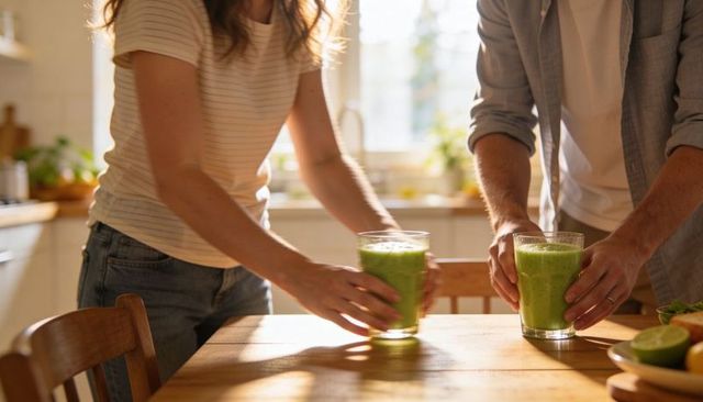 Couple preparing green smoothies on sunlit kitchen table with fresh limes