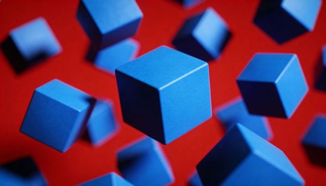 Floating matte blue cube hovering over vivid red backdrop, abstract geometric 3D scene