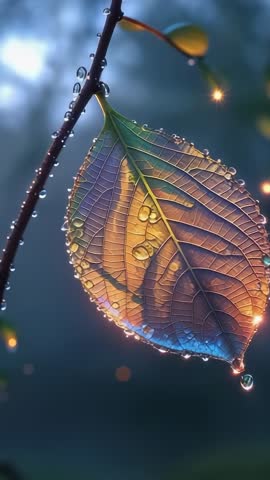 Vertical macro video of single leaf swaying in misty dawn with dew droplet detaching