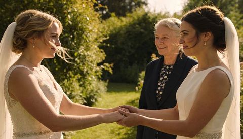 Two brides exchanging vows and holding hands in sunlit garden with veils and beaded waistbands