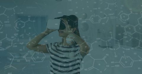 Girl Exploring Virtual Reality with Scientific Formulas Overlay