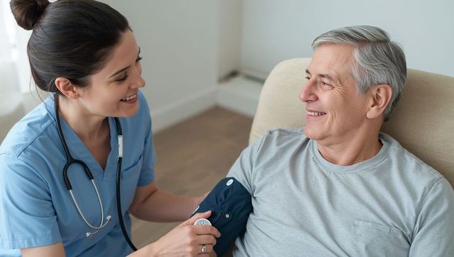 Nurse measuring blood pressure of senior male patient at home