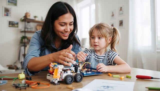 Mom guiding daughter building educational robot chassis together at home workshop