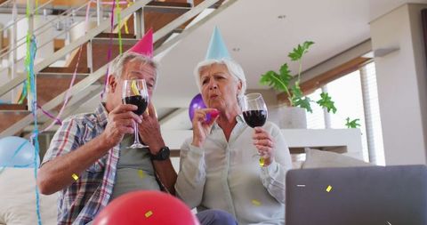Senior Couple Celebrating Birthday with Wine and Video Call