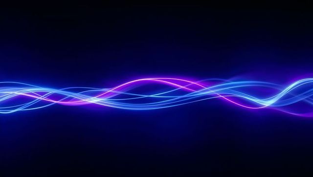 Neon Waveform Ribbons Streaming Horizontally in Blue and Magenta on Dark Gradient
