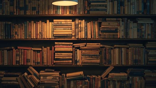 Warm vintage bookshelf with glowing pendant lamp evoking cozy library ambience
