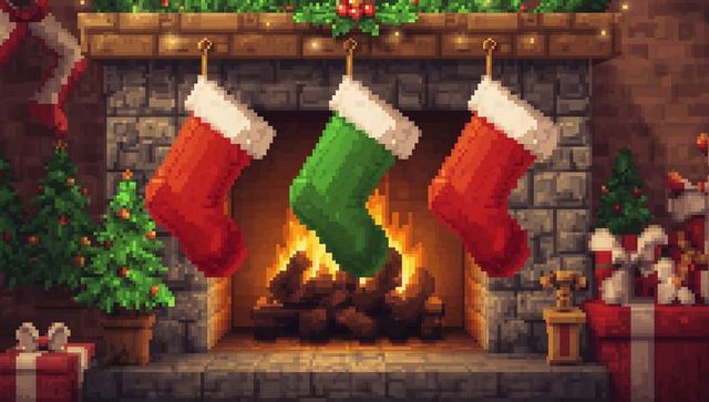 Pixel art fireplace glowing hearth warming room with hanging stockings, garland and gifts