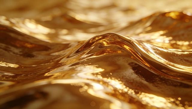 Glossy liquid gold waves reflecting warm light, macro metallic surface with ripples