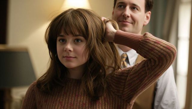 Teen adjusting hair while parent helping in cozy home portrait showing warmth and support