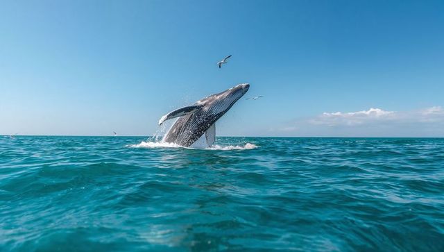 Breaching humpback whale arcing over turquoise ocean with soaring seagulls