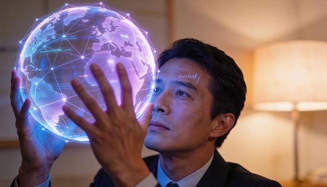 Executive examining holographic globe over digital network display for global planning