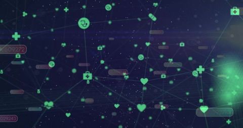 Neon Green Health Data Network Connecting Heart, Cross and Pill Icons in Digital Dashboard