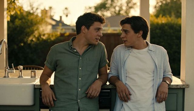 Two young men chatting on backyard patio leaning on marble countertop at sunset
