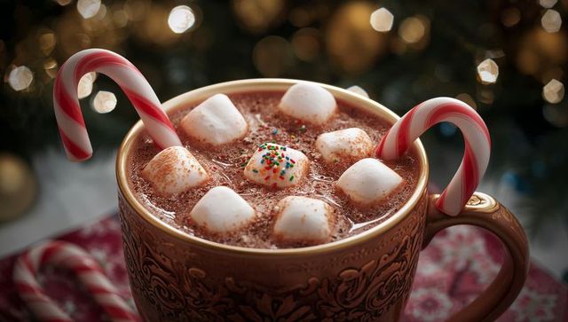 Festive hot chocolate with marshmallows and candy canes