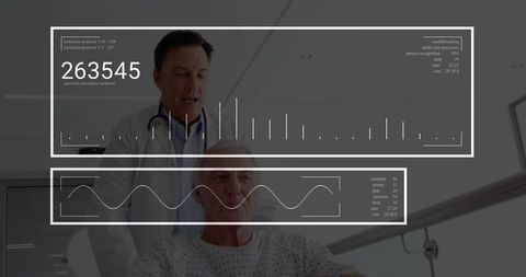 Doctor examining elderly patient with medical hud readouts and waveform analytics
