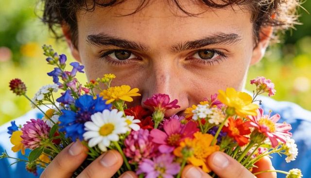Teenager holding colorful wildflower bouquet and gazing over blossoms in sunlit meadow