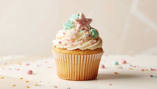 Pastel frosted vanilla cupcake with fondant flower and sprinkles on cream background detail