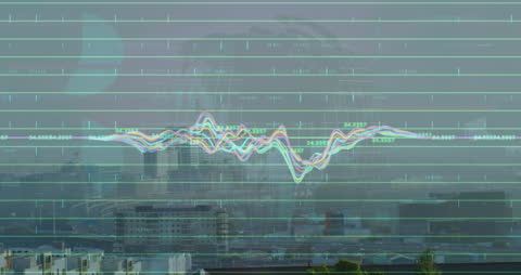 Digital Financial Data Animation Over City Skyline