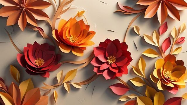 Layered Paper-Style Flowers with Curved Vines on Beige Background
