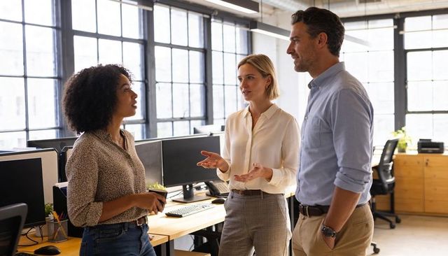 Team discussing ideas while holding succulent in bright modern open-plan office workspace