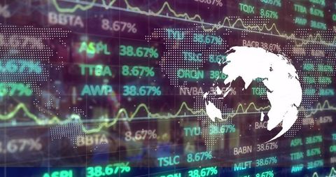 Global financial market data visualization with neon aesthetic