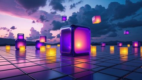 Futuristic Glowing Cubes at Twilight on Reflective Grid