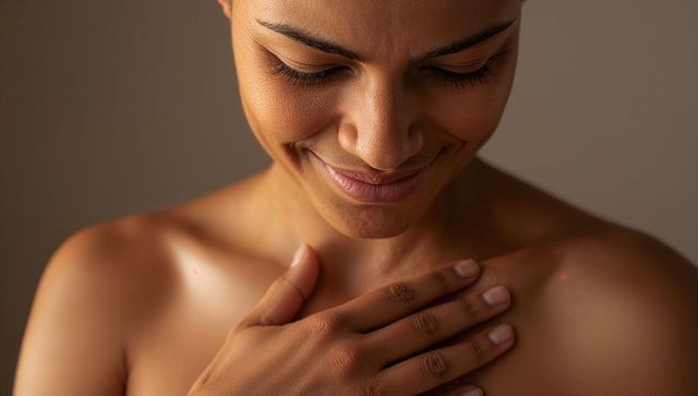 Serene bare-shouldered woman placing hand over heart with warm soft studio lighting